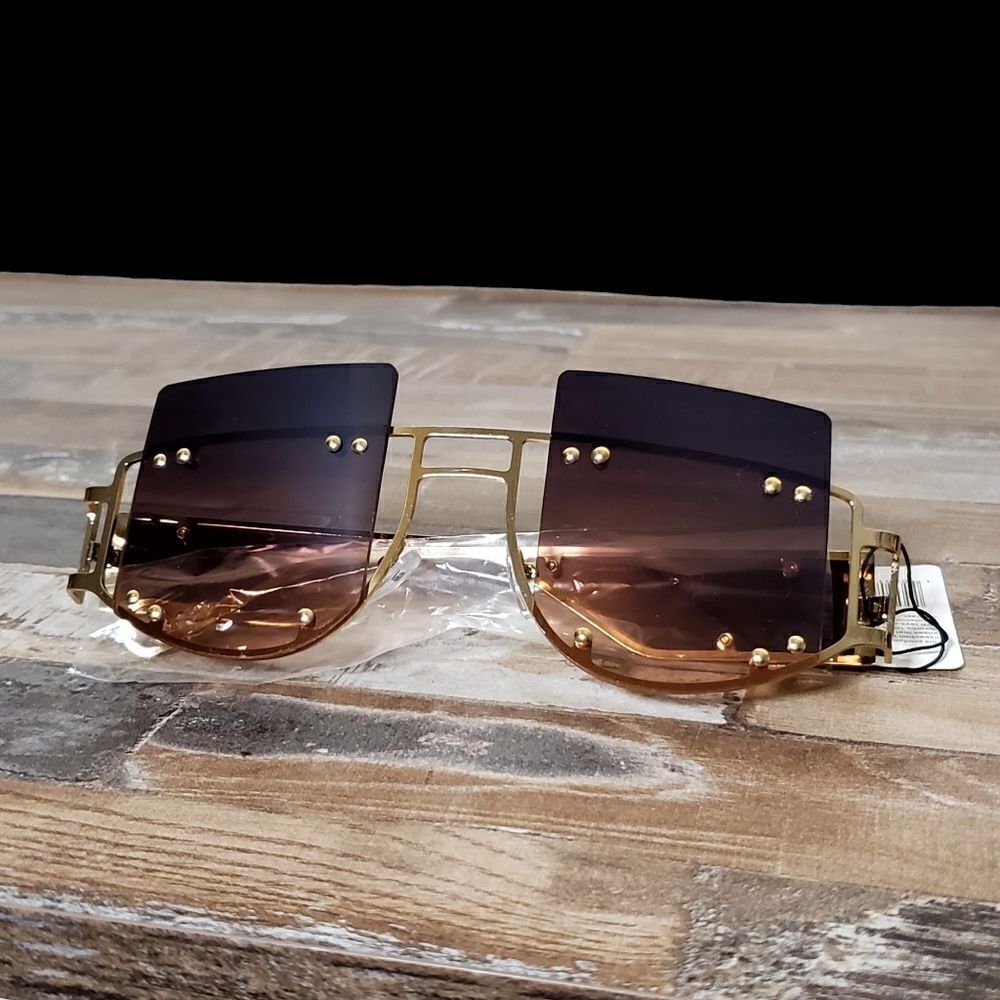 Womens Oversized Large Hexagonal Gold-Toned Brown Tinted Sunglasses